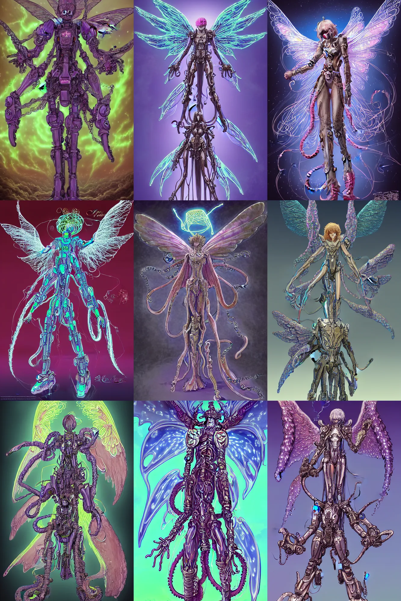 Prompt: a Fairy angel biblically accurate angel, glowing neon angelic tentacled living giant Mech robot angel omaphim seraphim, Jean Giraud and Kentaro Miura and Katsuya Terada and will sweeney and oraculo style,Nicolas Henri Jacob, Eduard Pernkopf, Spiderwick Chronicles creature designs sprite , faerie, fae , fay, cosmic horror, lovecraftian, biopunk, 2d ink drawing, concept art, clean lineart, flat vibrant colors, color manga style, ultra wide shot, panoramic view, full frame, full-body shot, character model Intricate psychedelic anatomical ink drawing of a complex visionary DMT trip entity in the shape of shiva, the most anatomically detailed organism in the universe. Detailed, textured, realistic, etc. The light emerges out his eyes to bask in the wisdom of Man. path-traced, a 3D rendered portrait of an alien in the style of psychedelic fluorescent corals under UV, gradients, undead, iridescent light refraction, rotten, psychedelic colors, hyperrealistic, george patsouras, victor habbick, xenomorph mutation, symbiotic living armor made of rotting alien meat and weird organic fungal tissue full of neon ultraviolet pustules dripping fluids, character model concept art, dark sci-fi art , cosmic horror, lovecraftian, biopunk, 8K, a psychedelic-machine-elf-entity-wizard-knight-exotic-detailed-alien-Cosmic-entity , 8K IMAX, complex intricate psychedelic, angel,Studio Lighting, High Detail, 4K, black background, psytrance ultraviolet-fluorescent-UV-blacklight-body-paint ,by Bruce Pennington and Roger Dean and Pablo olivera and Stanisław Lem and Paul Lehr and Ed Emshwiller, Jia hao 2014 10, extraterrestrial, max-frojd , George patsouras, steven awodeinde, Hybrid, Jaroslav Kocourek, Adam-Baker, Alien Head Morph Combo, Fungi by fantasio, Genesis 3, Daz 3D