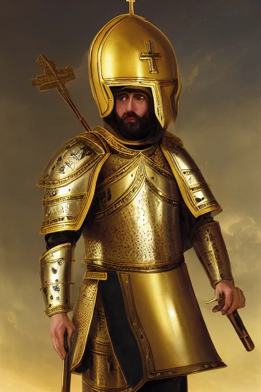Image similar to man looking forward in decorated with gold baroque style christian crusader armor, cylindrical helmet covering all his head decorated with golden cross on front it's front and white cape covering most of his body standing at the gates of jerusalem drawn by greg rutkowski realistic high detail