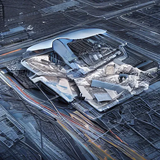 Image similar to Kazimierz Malewicz sci-fi motherboard airport view from above structure and digital billboard point cloud in the middle, unreal engine 5, keyshot, octane, artstation trending, ultra high detail, ultra realistic, cinematic, 8k, 16k, in style of zaha hadid, in style of nanospace, in plastic, dark, tilt shift,