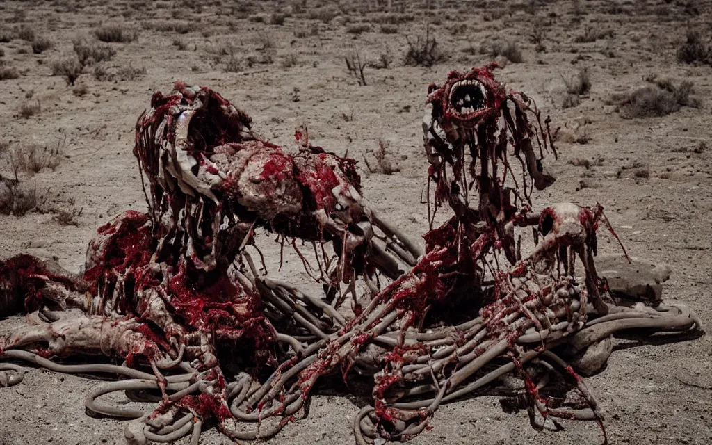 Image similar to in the desert a bloody gross horrifying the thing creature made of muscle and bone and blood stares at the camera, hundreds of black cables and wires wrap around the bodies, the drool comes out of the rotting bodies, eating, mid day, 3 5 mm photography, realistic,