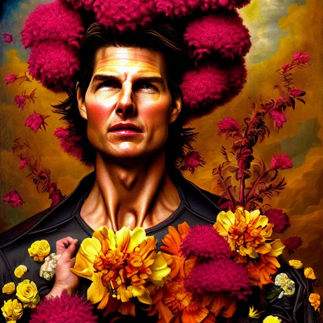 Image similar to bizarre surreal renaissance portrait of tom cruise with a a flower afro made out of various flowers, dramatic cinematic lighting, bold colors, 8 k, beautiful intricate painting, hyper realistic, octane render