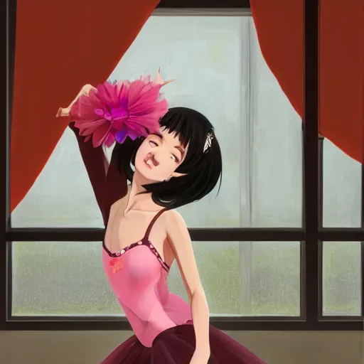 Prompt: portrait of a beautiful girl with dark hair dressed as a ballerina, ballet studio as the background, rich vivid colors, ambient lighting, dynamic lighting, 4k, HQ, official media, anime key visual, makoto shinkai, ilya kuvshinov, lois van baarle, rossdraws, detailed, trending on artstation