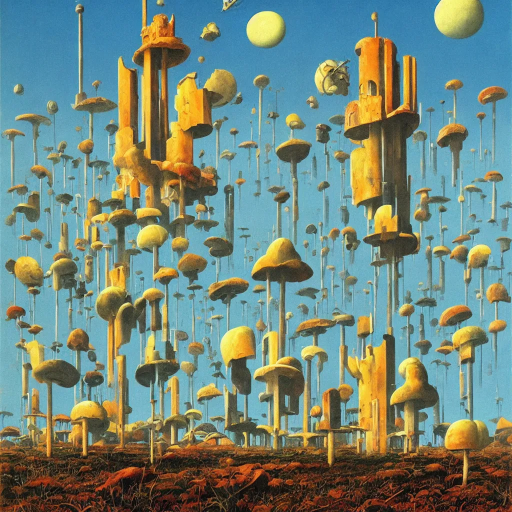 Image similar to a single! colorful!! fungus tower clear empty sky, a high contrast!! ultradetailed photorealistic painting by dean ellis, roger dean and giorgio de chirico, hard lighting, masterpiece