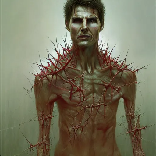 Image similar to portrait of demonic Tom Cruise in hood and crown of thorns, dark fantasy, Warhammer, artstation painted by Zdislav Beksinski and Wayne Barlowe