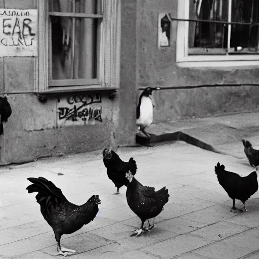 Prompt: A group of chickens with gang bandanas around their necks, Album Cover Art, eye-catching , dramatic, photographed by Henri Cartier-Bresson on a Leica camera