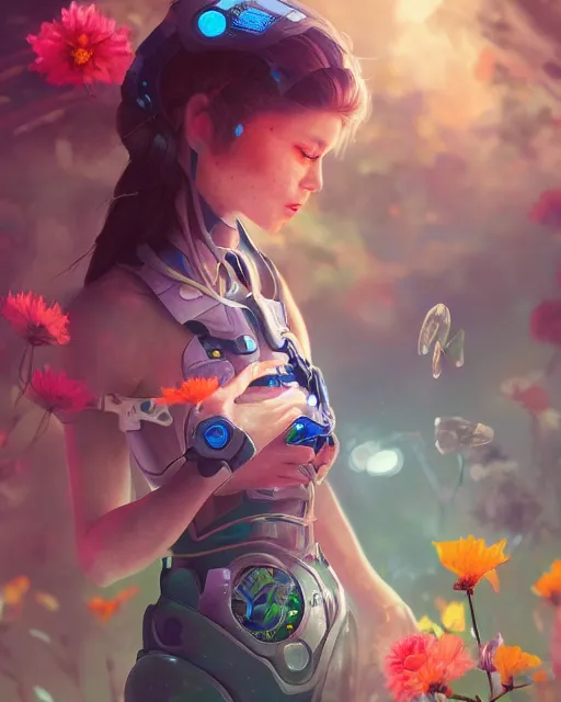 Prompt: kind cyborg girl with flowers, elegant, scifi, futuristic, utopia, garden, colorful, vibrant, dreamy, illustration, atmosphere, top lighting, blue eyes, focused, artstation, highly detailed, art by yuhong ding and chengwei pan and serafleur and ina wong