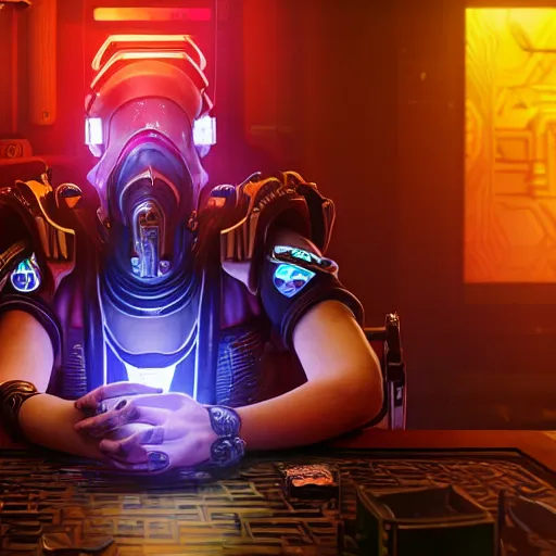 Image similar to high quality portrait of a starcraft Protoss Zealot in a cyberpunk cyberpunk cyberpunk cafe, realism, 8k, award winning photo