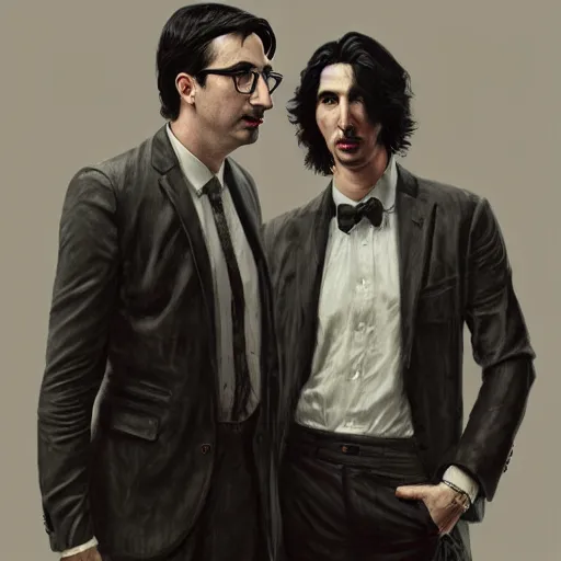 Image similar to painting of both john oliver and adam driver together, john oliver, adam driver, full body, elegant, beautiful, highly detailed, centered, dark, smokey, digital painting, concept art, smooth, sharp focus, illustration, deviant art, art by greg rutkowski, karol bak and peter mohrbacher