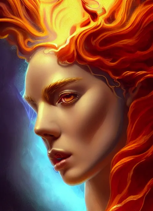 Image similar to the greek god kanyw west, firey gold hair, body made of water, steampunk, beautiful glowing eyes, volumetric lights, red and cyan theme, art nouveau botanicals, intricate, highly detailed, digital painting, artstation, concept art, smooth, sharp focus, cinematic, illustration, beautiful face, art by artgerm and greg rutkowski and alphonse mucha