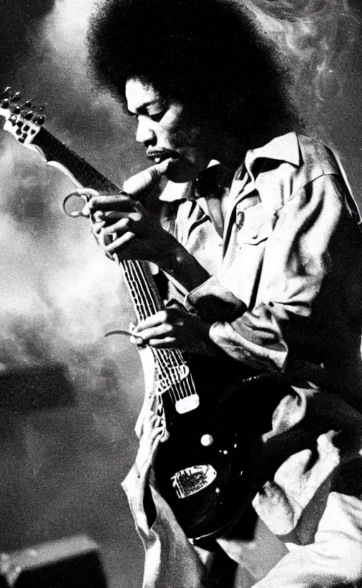 Prompt: jimi hendrix burning a stratocaster on the stage, cinematic composition and lighting