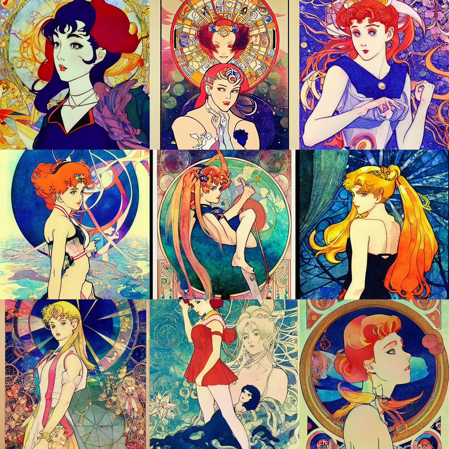 Prompt: the sailor moon. beautiful, realistic painting by mucha and kuvshinov and bilibin and malevich. watercolor, manga, soviet realism