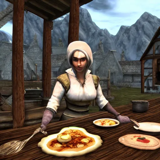 Prompt: mediaeval cooking mama skyrim, 4 k