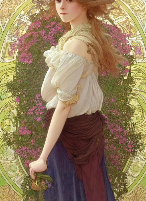 Prompt: pretty young man with shoulder length blond hair, half body shot, emotional, decorative flower patterned background, path traced, highly detailed, high quality, digital painting, by studio ghibli and alphonse mucha, leesha hannigan, hidari, disney, jules bastien - lepage, art nouveau, anna dittmann