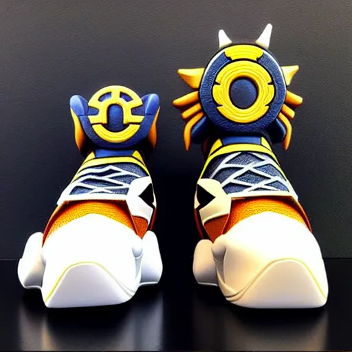 Image similar to realistic scultpure of sneaker! design, sneaker design overwatch fantasy style mixed with aztec mayan native street fashion, focus on sneakers only, shoes designed by akira toriyama and studio ghibli