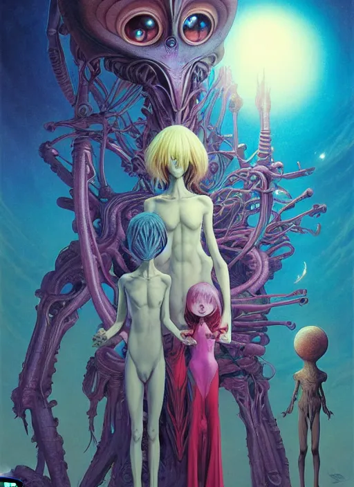 Prompt: fanciful surreal image of an alien family, anime key visual by Anna Dittman, Amano, Okata Kazuto, Greg Hildebrandt, and Mark Brooks, Neo-Gothic, rich deep colors. art by Hamada Yoshikazu . masterpiece. Beksinski painting.