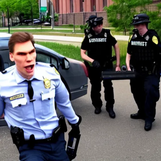 Image similar to youtuber jerma 9 8 5 being arrested by the fbi for crimes against humanity, 4 k, hyper realistic, dslr, high resolution, landscape, beautiful