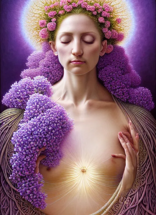 Image similar to a lilac hair beautiful goddess of light, colourful hydrangeas flowers, soft roses, and dried petals, painterly, emotionally evoking methaphoric, and ornamental, intricate and elegant, highly detailed photorealistic painting, decorative lines, sharp focus, golden ratio, by tomasz alen kopera and zdzisław beksinski,