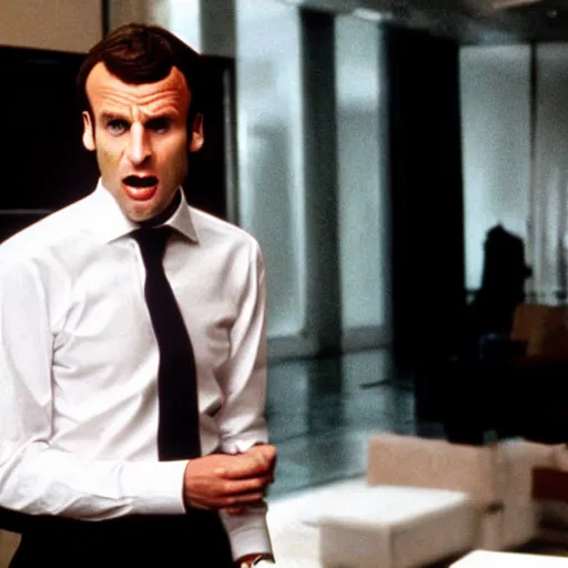 Image similar to Emmanuel Macron shouting in American Psycho (1999)