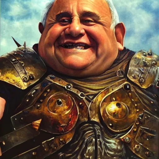 Image similar to last selfie taken by, oilpainting a tolkien dwarf, resembling Danny Devito wearing metal Armour that is smiling, in combat, apocalyptic, smoldering ruins, corpses on the ground, gore, fire