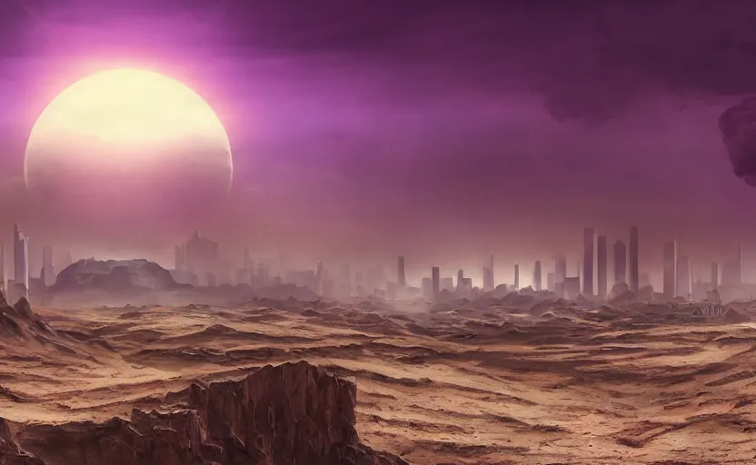 Image similar to matte painting of a desert landscape, science fiction art, city in the skyline, two suns, gloomy, fog, elaborate, detailed digital art, trending in artstation, purple color lighting