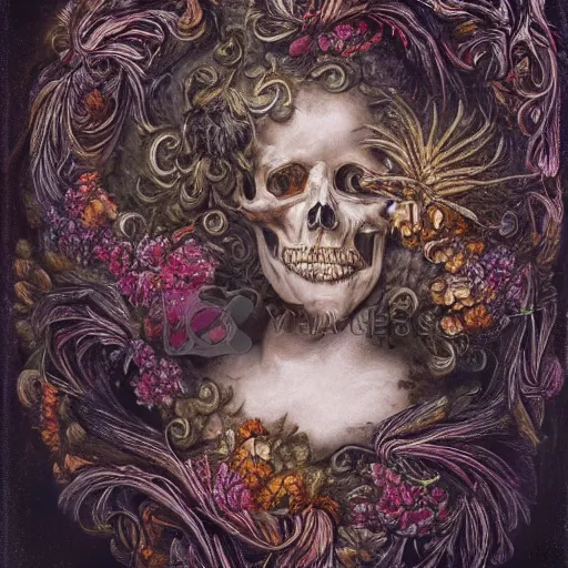 Prompt: a beautiful detailed front view rococo portrait of a rotten woman corpse becoming almost a skull with face muscles, veins, arteries, fractal plants and fractal flowers and mushrooms growing around, intricate, ornate, volumetric light, beautiful lit, beetlejuice