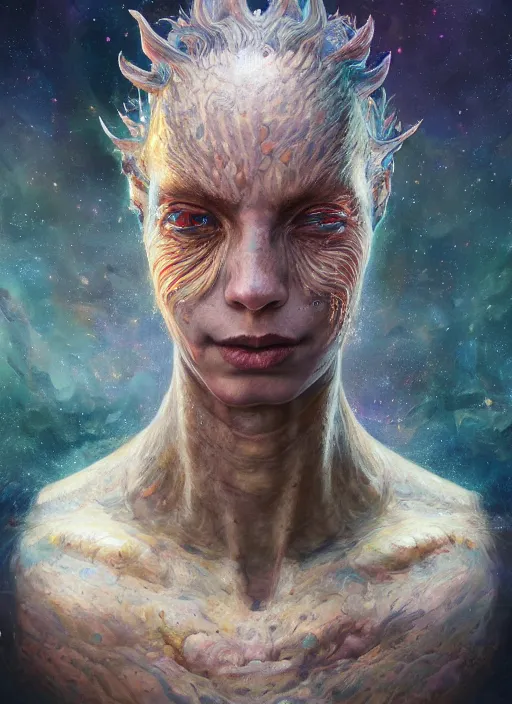 Prompt: masterpiece portrait of a cosmic demon, au naturel, hyper detailed, digital art, trending in artstation, cinematic lighting, studio quality, smooth render, unreal engine 5 rendered, octane rendered, art style by klimt and nixeu and ian sprigger and wlop and krenz cushart