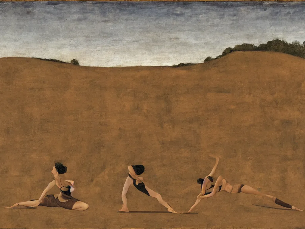 Image similar to Woman and man doing yoga in the sand, mud. Dark gradient sky. Landscape sculpted by Henri Moore. Painting by Piero della Francesca, Morandi, Balthus