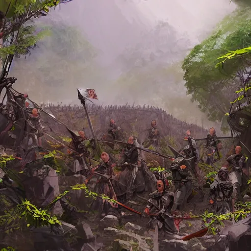 Prompt: an army of samurai standing in the ruins of a destroyed monastery, they are in a jungle with vines everywhere, digital art, artstationhq