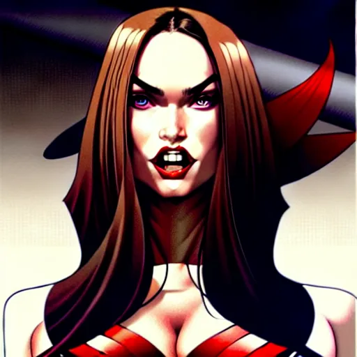 Image similar to artgerm, joshua middleton comic cover art, pretty megan fox vampire sharp teeth, red dress, symmetrical eyes, symmetrical face, long curly black hair, dark castle background background, cinematic lighting