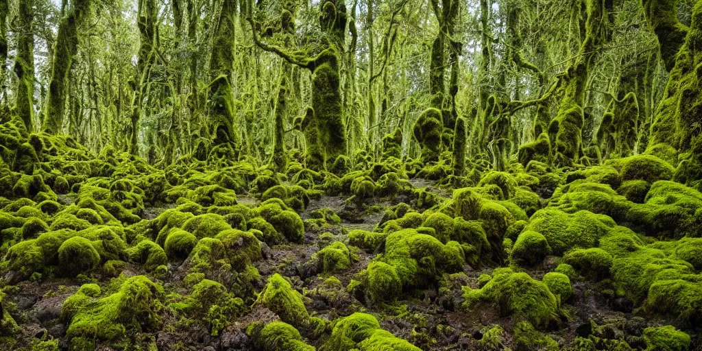 Prompt: photo of a landscape with lush forest, wallpaper, very very wide shot, iceland, new zeeland, green flush moss, national geographic, award landscape photography, professional landscape photography, iwagumi design, sharp rocks, ancient forest, sunny, day time, beautiful