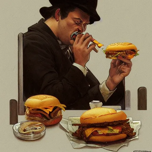 Image similar to amazing lifelike award winning pencil illustration of Orson Welles eating Hamburgers trending on art station artgerm Greg rutkowski alphonse mucha cinematic