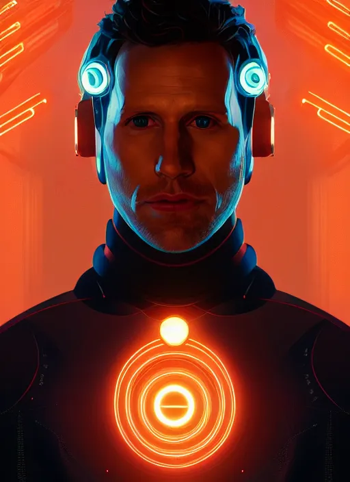 Image similar to symmetry! portrait of glenn howerton, sci - fi, tech wear, glowing lights!! intricate, elegant, highly detailed, digital painting, artstation, concept art, smooth, sharp focus, illustration, art by artgerm and greg rutkowski and alphonse mucha