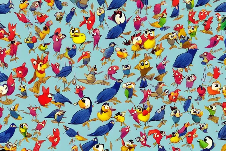 Prompt: cartoon of a thousand happy birds, from a disney animated film