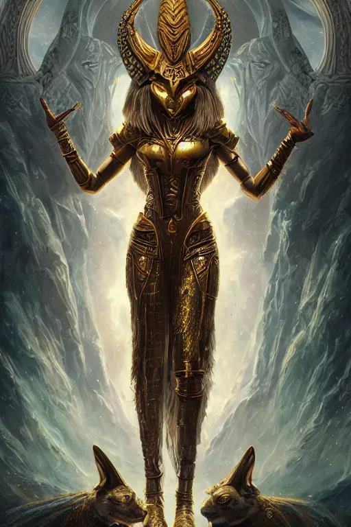 Image similar to Mystical Valkyrie, Portrait of a beautiful female Atlantean Anubis Alien Warrior, Regal, Realistic, Refined, Detailed Digital Art, Oil Painting, Michael Cheval, Esao Andrews, Art Frahm, Steampunk, Walt Disney (1937), Highly Detailed, Cinematic Lighting, Unreal Engine, 8k, HD