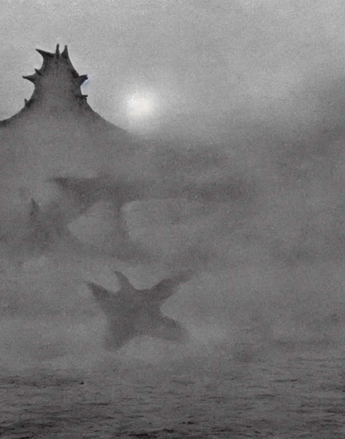 Image similar to a filmstill of a north korean monster movie, kaiju - eiga monster starfish - like trampling a traditional korean palace, foggy, film noir, epic battle, etheral, explosions, communist propaganda, communist epic thriller, by akira kurosawa and wes anderson video compression