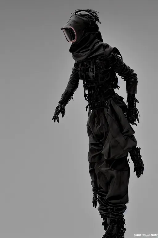 Prompt: avant garde techwear look and clothes, we can see them from feet to head, highly detailed and intricate, luxury, cinematic, rick owens, yohji yamamoto, y 3, outfit photo, hot on r / streetwear, trending on artstation,