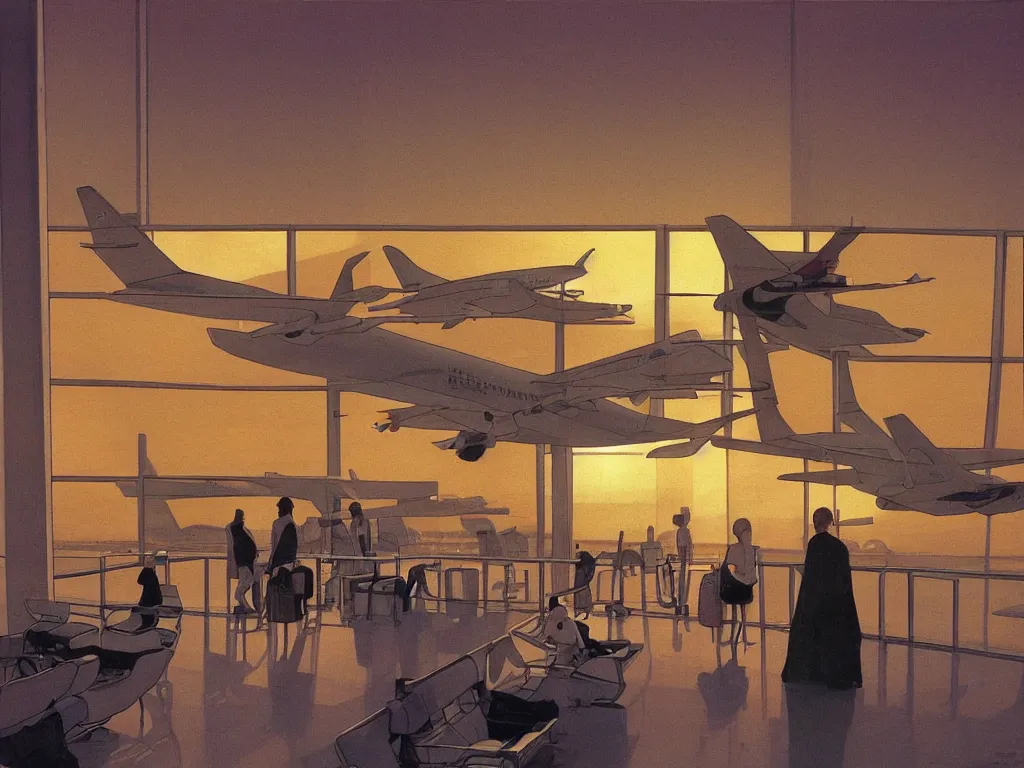 Image similar to sun setting in a airport lounge. tall, spacious, child watching landed airplane on the runway. painting by moebius