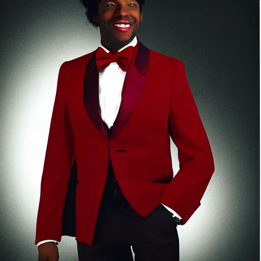 Image similar to realistic photo portrait of a black male anthropomorphic fox with long black hair over his collar bone, wearing a dark red colored tuxedo