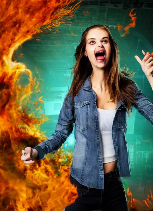 Image similar to super generic hot chick scientist running from a monster, stock photo, horror movie, full body wide shot