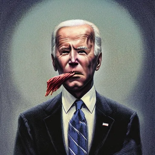 Image similar to presidential portrait of joe biden with smoking eyes and mouth as slenderman, by beksinski, jon mcnaughton, and stephen gammell