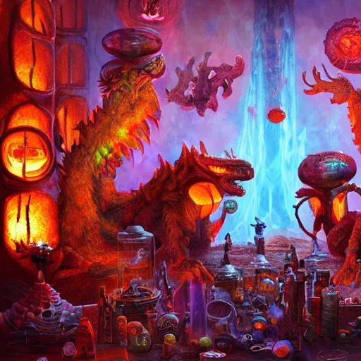 Prompt: these monsters are consumed by fire, yet they remain unharmed. they are surrounded by the tools of the alchemist's trade - beakers and test tubes full of colorful liquids, crystals, and books of ancient knowledge. the scene is suffused with an eerie glow, as if something magical is happening here. dramatic lighting epic glows eerily beautiful photograph