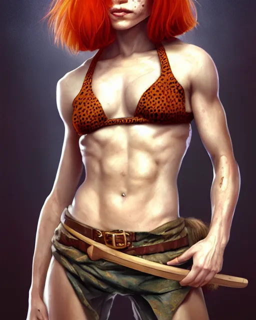 Prompt: female warrior with katana wearing polka dot halter top, perfect face, ginger hair, abs, cinematic, freckles, stunning, cute, adorable, athletic, strong, agile, highly detailed, psychedelic, digital painting, artstation, smooth, hard focus, illustration, art by jessica rossier and and brian froud