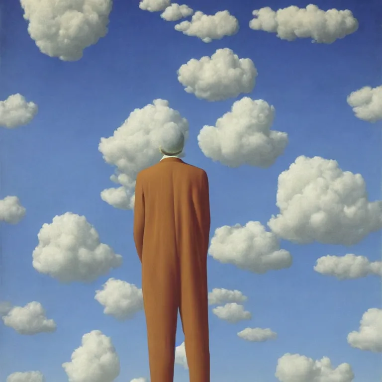 Image similar to cloud - man, by rene magritte, centered, detailed painting, hd, hq, high resolution, high detail, 4 k, 8 k