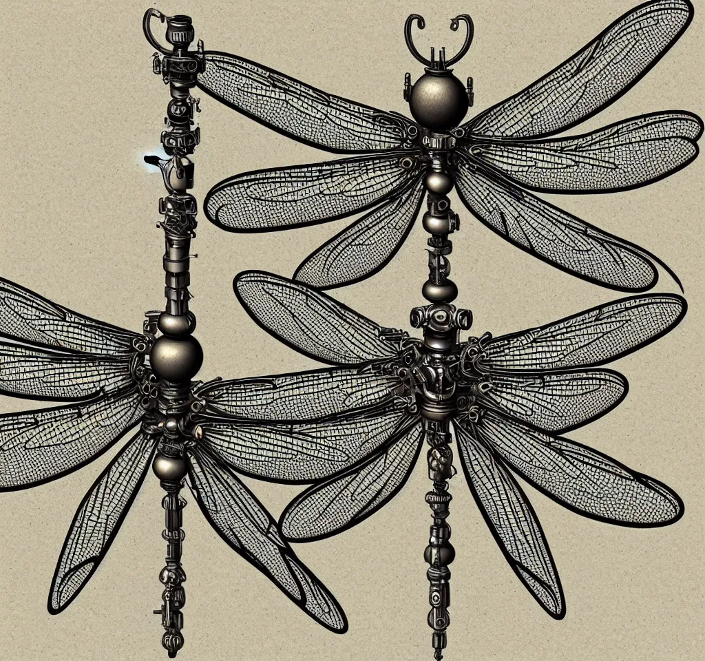 Prompt: blueprint of a Mechanical Dragonfly, ornamental, photorealism, elaborate, highly detailed, ornate, dramatic lighting, photorealistic, steampunk, old fashion, by Beardsley