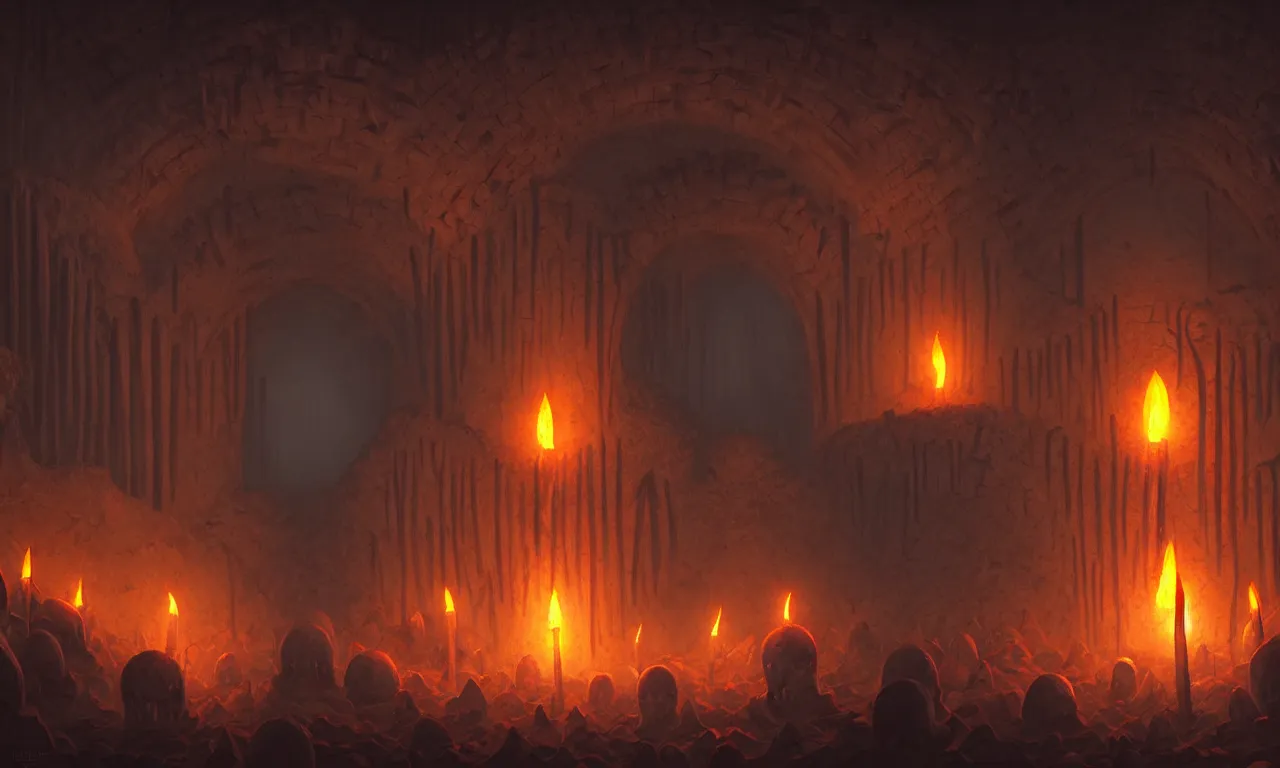 Prompt: Scary endless medieval catacombs with torches. Mystical nightmare concept, trending on artstation, 30mm, by Noah Bradley