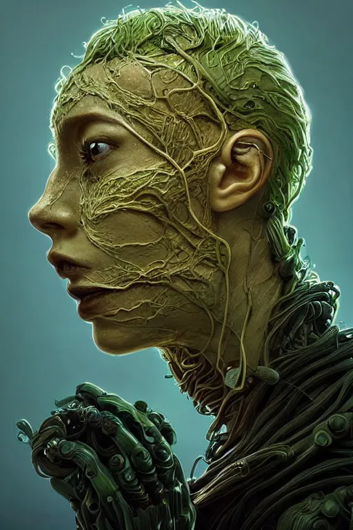 Image similar to beautiful portrait of a mutant algae plant character, intricate transhuman, dystopian cyberpunk, eyelashes, extremely detailed, digital painting, sculpted in zbrush, artstation, concept art, smooth, sharp focus, illustration, chiaroscuro soft lighting, golden ratio, rule of thirds, fibonacci, incredible art by Stanley Artgerm Lau and Greg Rutkowski, composition by mike mignola and Simon Stalenhag,