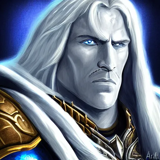 Image similar to portrait of arthas from warcraft, highly detailed, centered, solid color background, digital painting