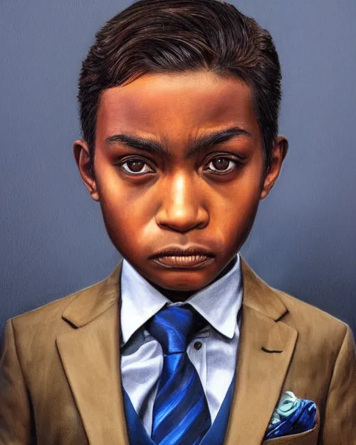 Prompt: portrait of a 7 year old child gang leader, gritty, looking serious, wearing a suit and a tie, very detailed eyes, hyperrealistic, beautiful, very detailed painting by Glenn Fabry, by Joao Ruas, by Artgerm