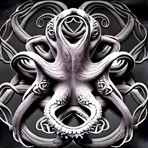 Image similar to a dramatic and beautiful digital matte painting of large realistic octopus with legs made of fractal celtic knots, trending on cgartist, hi-fructose, mandala, string wall art, ultra detailed 8k