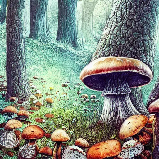 Prompt: a closeup of a mushroom in a forest, Android Jones Artwork